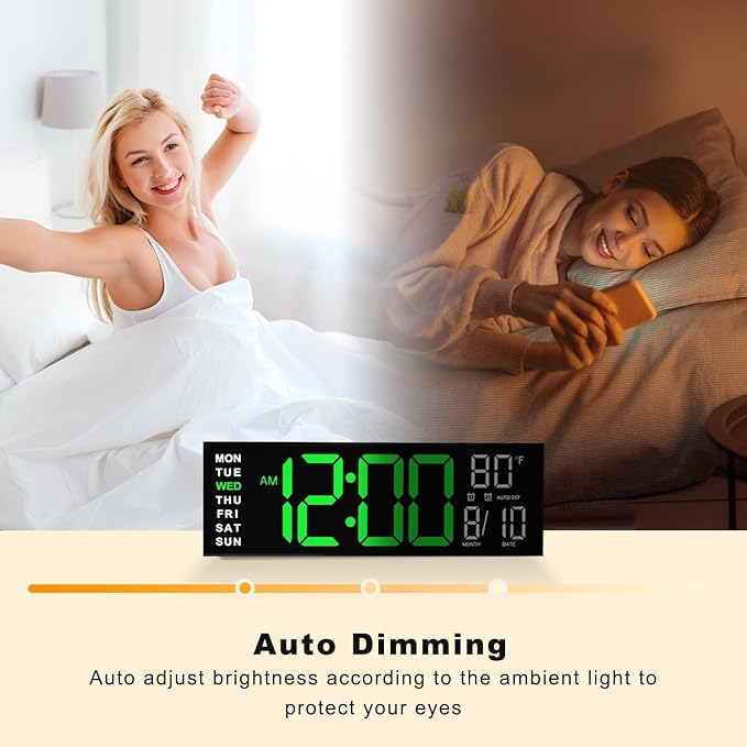 JALL 16" Large Digital Wall Mount Clock, Count Down Timer, Alarm, Big LED, RGB Color, DST, Temperature for Living Room Classroom Desk, Xmas, Birthday Gift, for Senior Mom Dad (Green White, 16 inches)