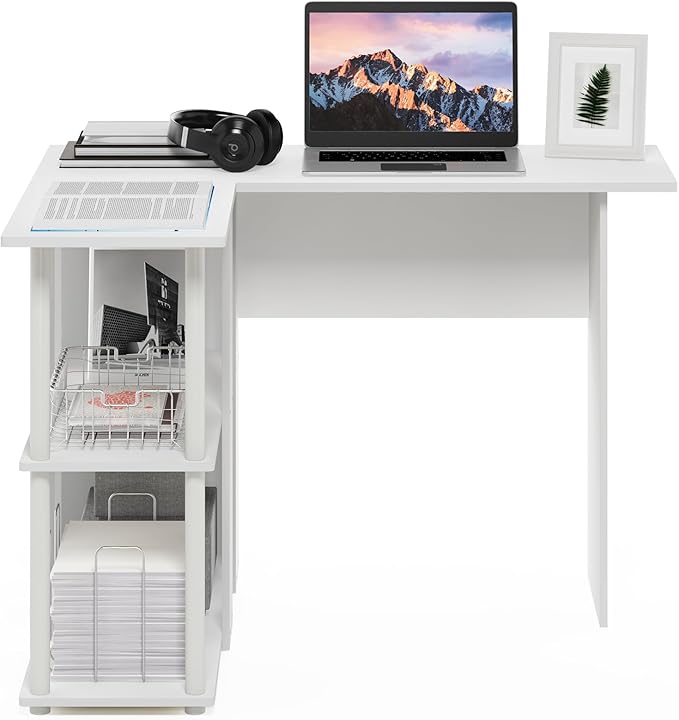 Furinno Abbott L-Shape Desk with Bookshelf, 41.14 (W) x 28.94 (H) x 34.45 (D) inches, White/White