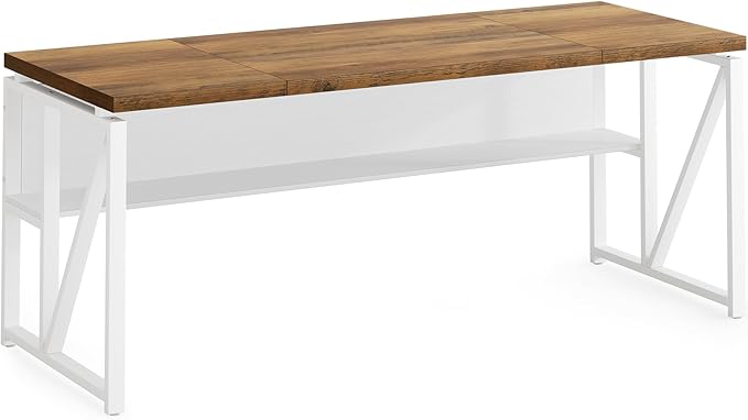 LITTLE TREE 63-Inch Executive Office Desk, Large Computer Desk with Storage Shelf, Executive Desk with Metal Frame, Thickened Desktop, Study Writing Desk Work Station for Home Office, Rustic + White
