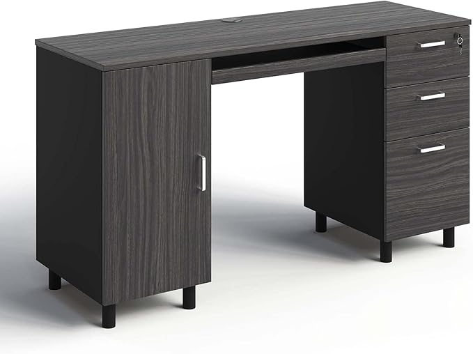 Modern Design Venice Computer Office Desk with 3 Locking Drawers and Storage Cabinet, 53 Inch Home and Office Executive, Black and Grey Desk with with Keyboard Tray by Crafts and Comfort