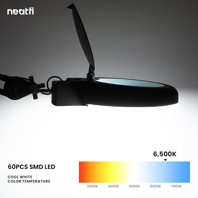 Neatfi LED Magnifying Lamp with Clamp | 12W | 60 SMD LEDs | 1,200 Lumens | Adjustable Step Dimming | 2.25x Magnification Desk Lamp Magnifier for Crafts, Painting, and Hobbies (Black, 5-Diopter)