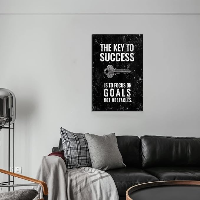 Inspirational Framed Office Canvas Wall Art Motivational Quote The Key to Success Is to Focus on Goals Not Obstacles Artwork Wall Pictures HD Print for Living Room Bedroom Easy to Hang-12x16 inches