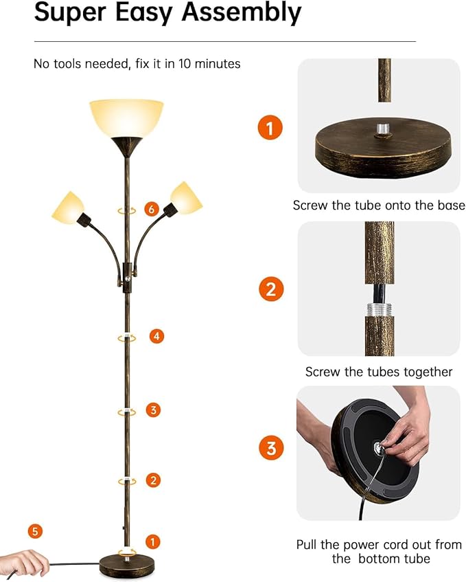 Floor Lamp, Torchiere Floor Lamps for Living Room, 71 Inch Tall Standing Lamp, Bedroom Lamps with Reading Light, Rotary Switch, 3 Plastic Lampshade, Torch Floor lamps for Bedroom (Bronze, No Bulb)