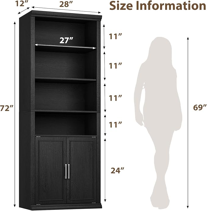 Rresyet 28" W Bookcase with Doors, Modern Tall Bookshelf 6-Tier Black Bookshelves with Storage Cabinet for Office, Living Room, Library