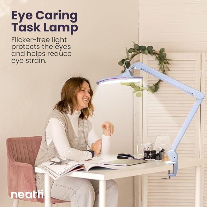 Neatfi Elite HD XL LED Desk Lamp | 3 Light Modes | Non-Polar Dimming | Eye-Caring Desk Light for Home Office, Drafting, Beauty Shop, Workbench (Pink Ring, CCT with Clamp)