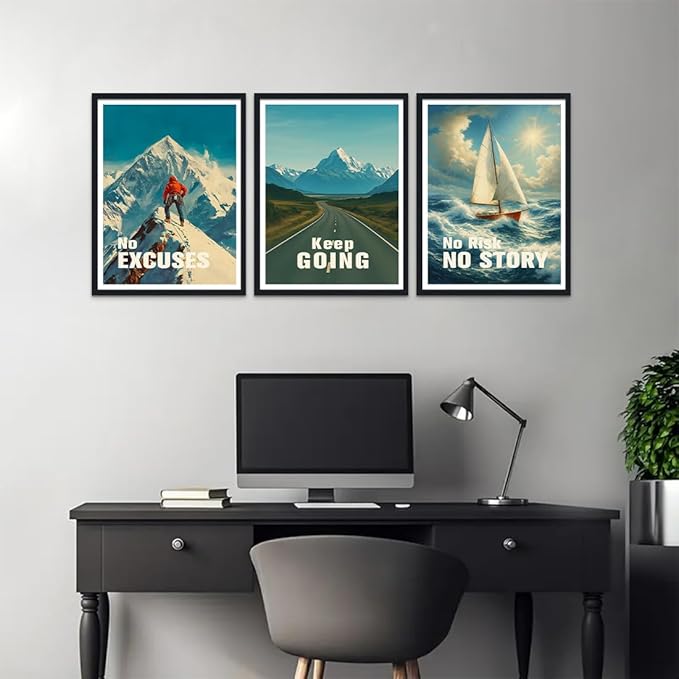 3 Panel Motivational Wall Art - Framed Mountain Road Sailboat Canvas Prints, No Excuses Keep Going No Risk No Story Inspirational Quotes Poster Modern Office Wall Decor, Ready to Hang 12"x16"x3
