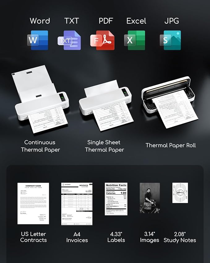 TATTMUSE Bluetooth Inkless Thermal Printer White & 200 Sheets 8.5" x 11" US Letter Thermal Paper, Compatible with iPhone Android Laptop for Home Car Office