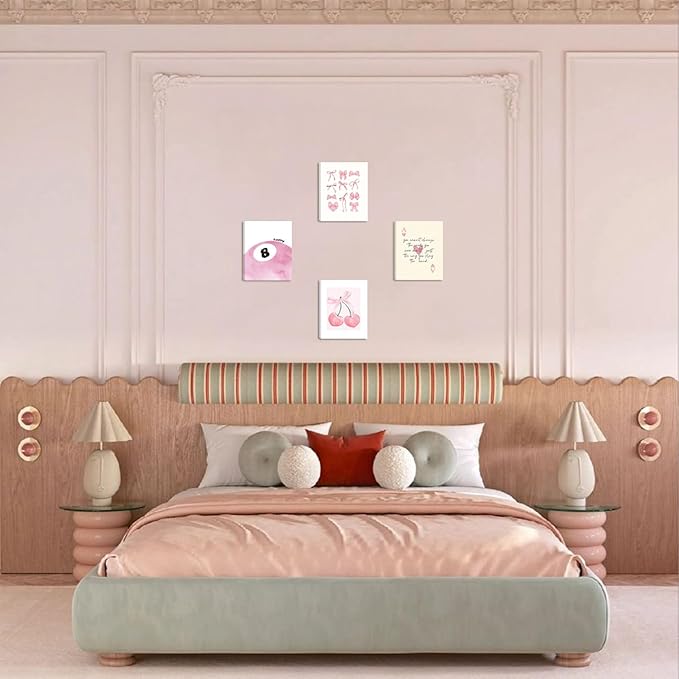 SEHSUVC Pink Coquette Y2K Lucky Wall Art Set of 4, Preppy Aesthetic Canvas Prints, Cherry Bows 8 Ball Ace Card Wall Decor for Girls Bedroom, Dorm, Vanity, for Home Decor 8x10in Framed