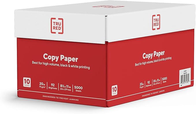 TRU RED 8.5x11 Copy Paper 20 lb. 92-Bright 5000 Sheets/Carton, For Office, School & Home