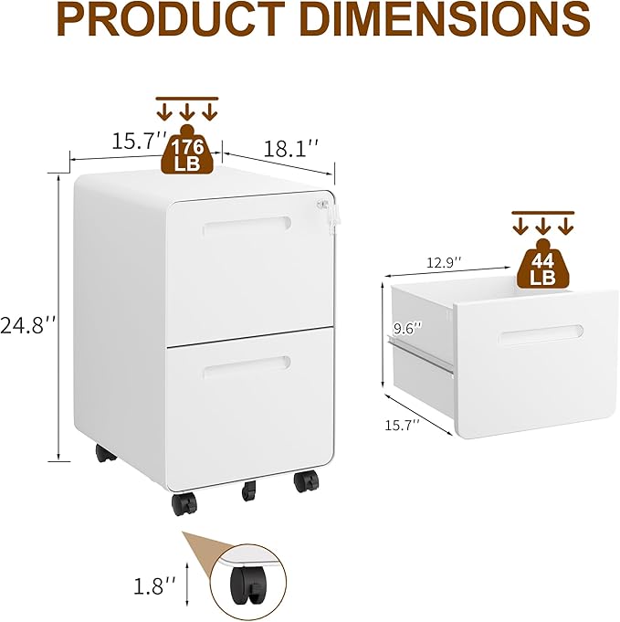 2 Drawers Metal Filing Cabinet with Lock, with 25 File Folders, Mobile Vertical Cabinet with Fully Assembled Except Casters, for Home Office, White