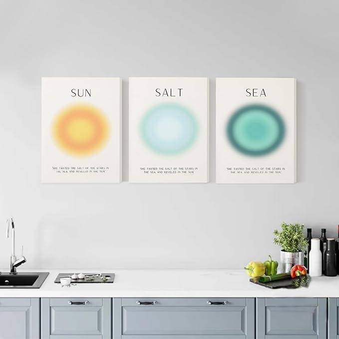 Framed Set of 3 Aura Beach Wall Art Sun Salt Sea Aura Aesthetic Wall Decor Living Room,Trendy Abstract Coastal Wall Art Decor,Minimalist Beachy Art Pritns Modern Wall Decor Bedroom Bathroom Decoration,12x16inch