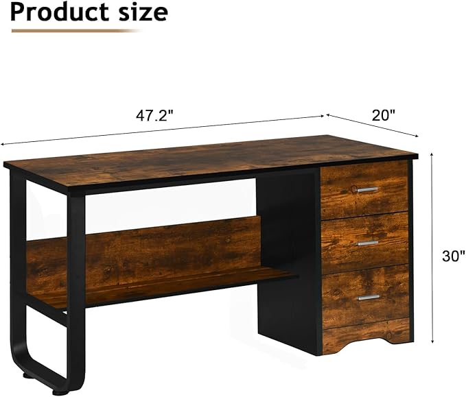 Small Computer Desk with Drawers, 47 Inch Home Office Desk with 3 Drawers & Bottom Shelves, Study Desk with Storage for Bedroom, Writing and Work, Black and Brown