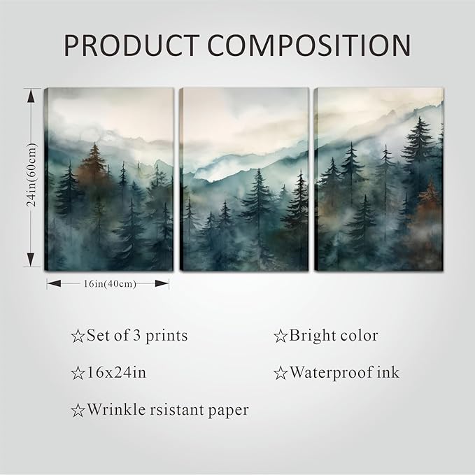 AKWISH Framed Green Forest Canvas Wall Art Set of 3, Boho Misty Watercolor Pine Tree Wall Decor Art, Nature Scenery Foggy Mountain Posters Prints for Living Room, Bedroom, Office 16x24 In