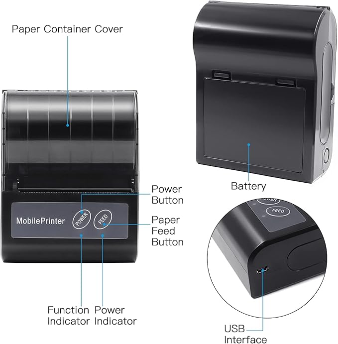 Portable BT 80mm Thermal Receipt Printer Mini Bill POS Mobile Printer with Reable Battery Port ESC/POS Compatible with Android iOS Windows for Restaurant ermarket Kitchen Office