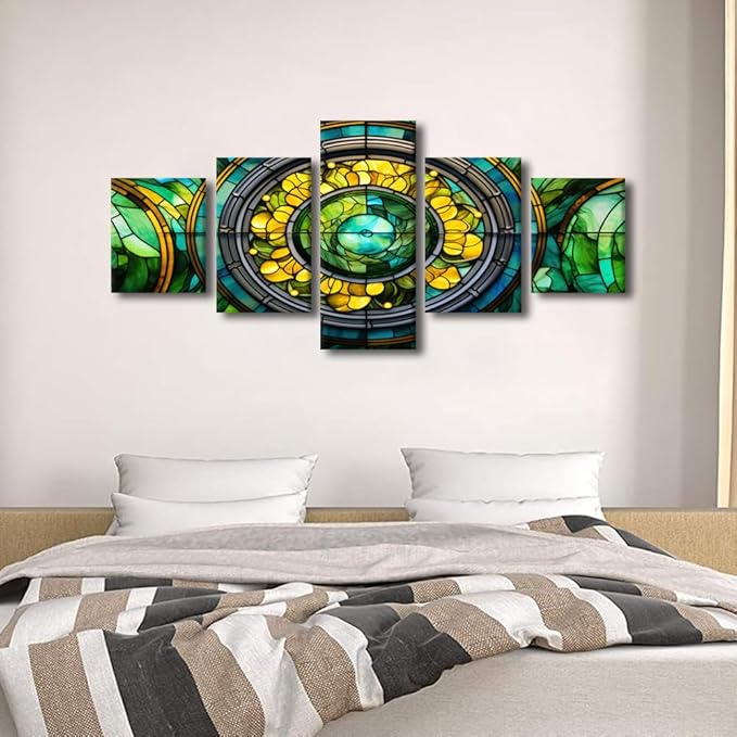 Canvas Wall Art Modern Stained Glass Painting Artwork Prints Green Yellow Brown Blue Colors Poster 5 Panel Canvas Art Decor for Men Lady Living Room Decor Stretched and Framed Ready to Hang 50x24 in