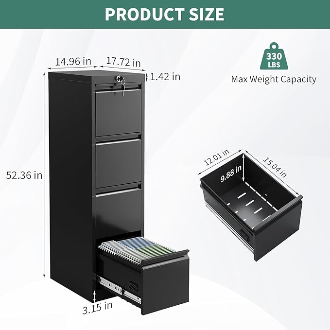 4 Drawer File Cabinet with Lock,Heavy Duty File Storage Cabine,Metal Vertical File Cabinet Office Home Vertical File Cabinet for A4 Legal/Letter Size Narrow File Cabinet Locked