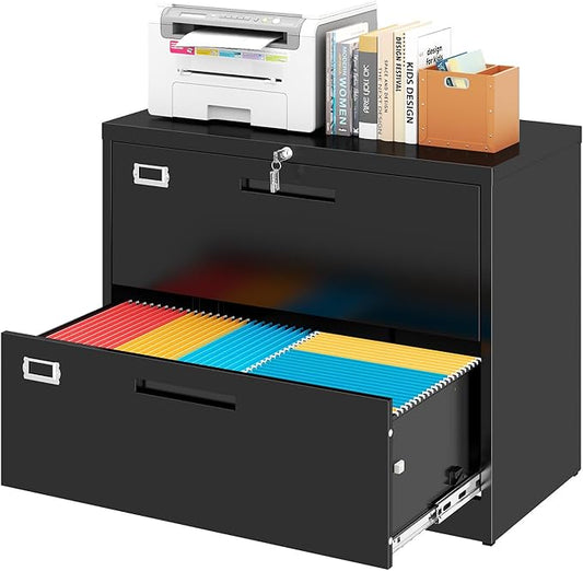 2 Drawer Locking Lateral File Cabinet, Wide&Deep Black Metal Filing Cabinet for Letter/Legal/A4/F4 Files, Includes Card Holder and Hanging Folders for Home Office, School, Business