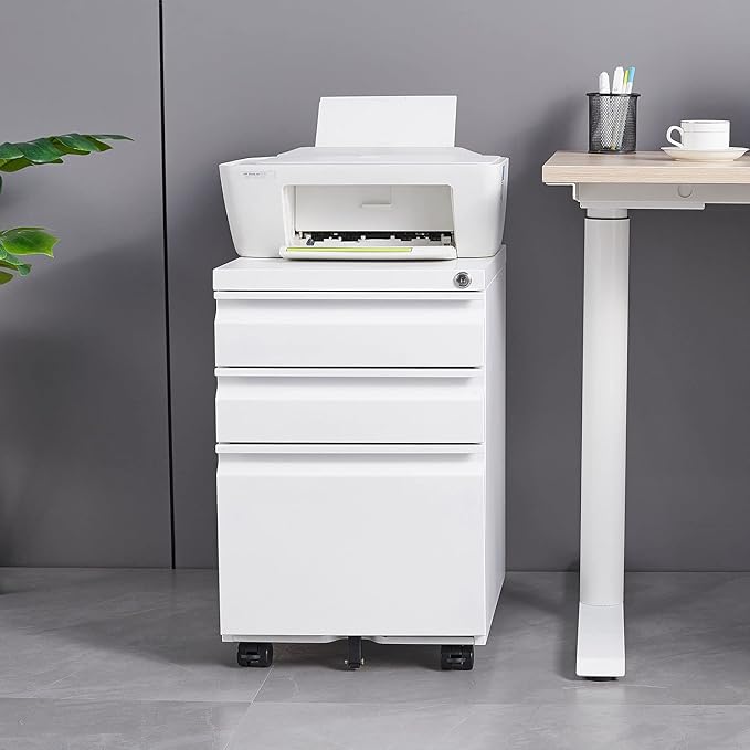 3-Drawer Mobile File Cabinets Rolling Metal Filing Cabinet for Legal & Letter File Anti-tilt Design with Lock Under Desk Office Drawers Fully Assembled Except Casters (White)