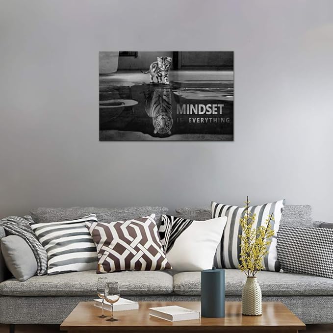 Black and White Small Cat Big Tiger Posters Inspirational Wall Art Motivational Posters Inspiring Entrepreneur Quotes Mindset is everything Pictures Home Decor for Office Classroom Gym (24”Hx36”W)