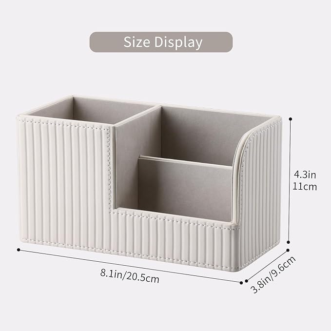 KINGFOM Desk Pen Organizer Office Supplies Caddy Pu Leather Multi-function Storage Box Pen/Pencil,Cell phone, Business Name Cards Remote Control Holder (Ivory White)