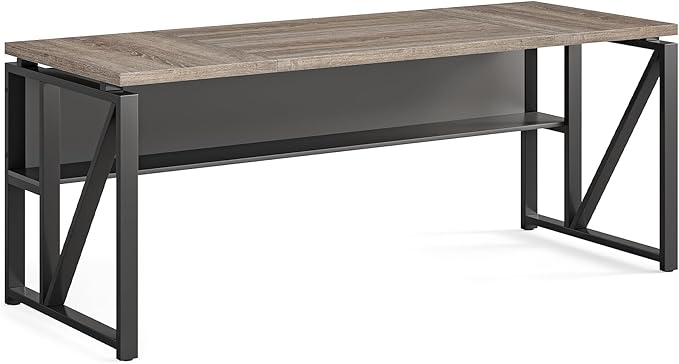 LITTLE TREE 63-Inch Executive Office Desk, Large Computer Desk with Storage Shelf, Executive Desk with Metal Frame, Study Writing Desk Work Station for Home Office, Grey + Black