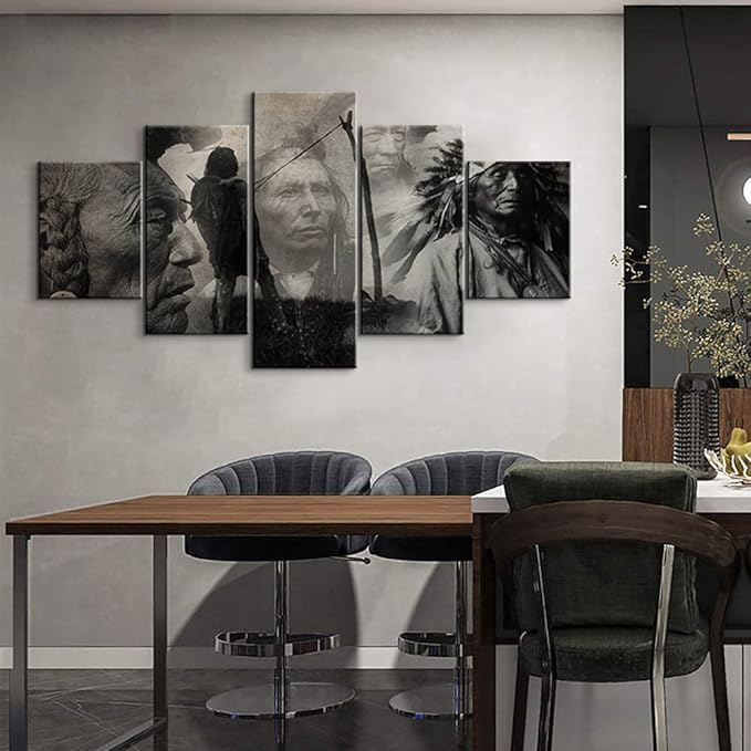 Native American Indian Chief Wall Art - 5 Piece Set for Living Room Decor (60''W x 32''H)