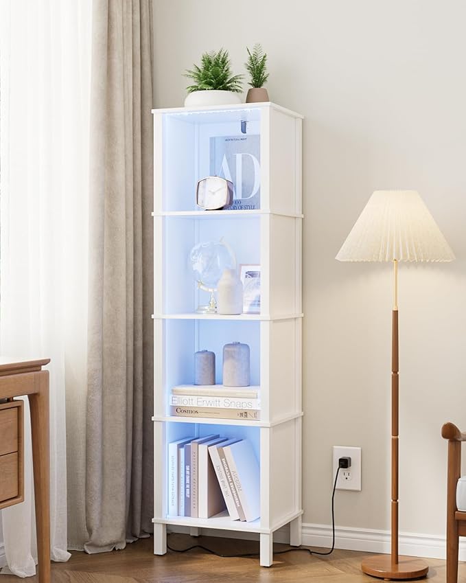 Bookshelf with LED Lights, Modern 4-Tier Bookcase, Open Storage Book Shelf, 11 × 14.2 × 50.4 Inches, Small Narrow Bookshelves for Living Room, Home Office, Bedroom, White