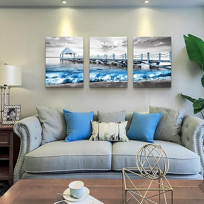 DZRWUBHS Black And White Beach Wall Art - 3 Piece Framed Posters For Living Room, Bedroom, Office - Ocean Sea Wave Pictures