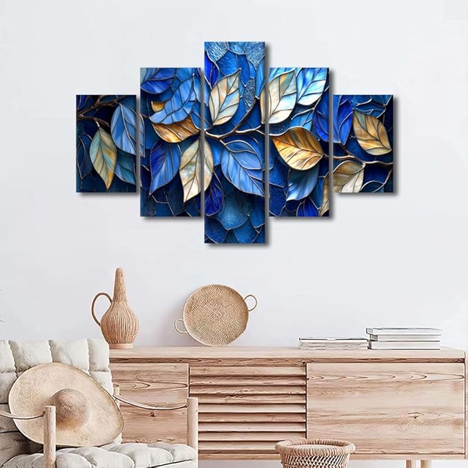 Canvas Wall Art Modern Abstract Canvas Art Decor Blue and Golden Leaves Poster Prints on Canvas 5 Panel Wall Art for Men Lady Living Room Decoration Stretched and Framed Ready to Hang 60x40 in
