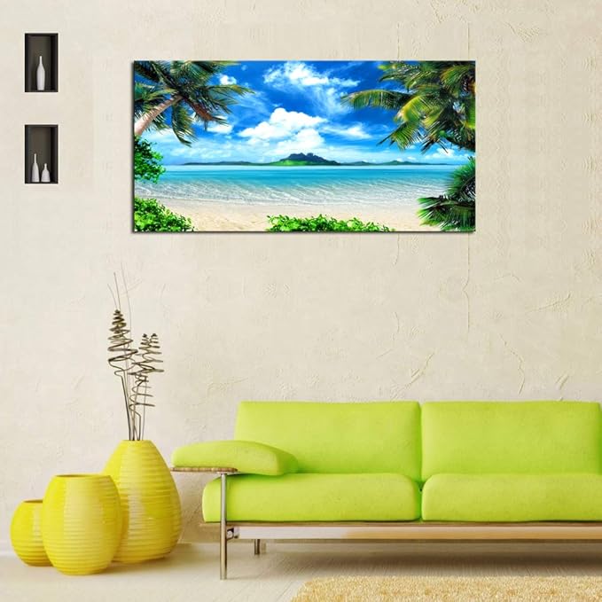 DZL Art S72750 Canvas Wall Art Ocean Waves Coconut Trees on Sands Beach Seascape Scenery Painting Nature Picture for Bedroom Home Office Wall Decor