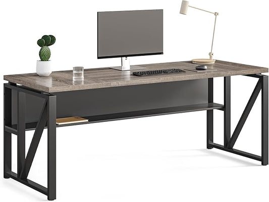 LITTLE TREE 63-Inch Executive Office Desk, Large Computer Desk with Storage Shelf, Executive Desk with Metal Frame, Study Writing Desk Work Station for Home Office, Grey + Black