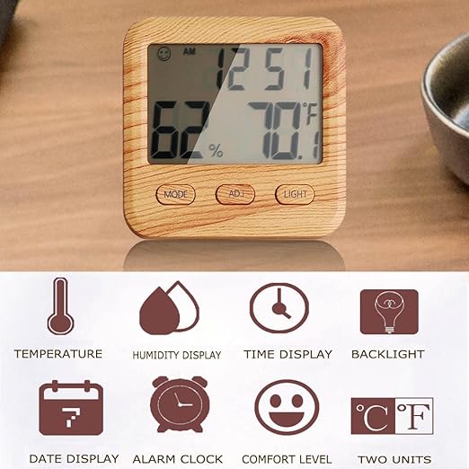 Digital Hygrometer Indoor Thermometer, Temperature Humidity Gauge with Desk Clocks for Bedroom Office,Backlit Accurate Monitor Clear Reading,Time Display Room Thermometer for Home Greenhouse Wooden