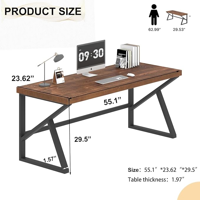 IBF Solid Real Wood 55 Inch Office Computer Desk, Rustic Writing Study Table for Student, Natural Wooden and Metal Gaming Home Office Desk, Rustic Industrial Executive Work Desk Workstation, Brown