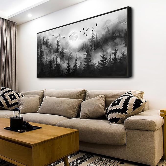 hyidecorart Black Frames Landscape Wall Art Canvas Prints Natural Scenery Pictures Home Decor Forest Tree Painting for Living Room Bedroom Bathroom Kitchen Office Decoration Artwork Hanging Easy