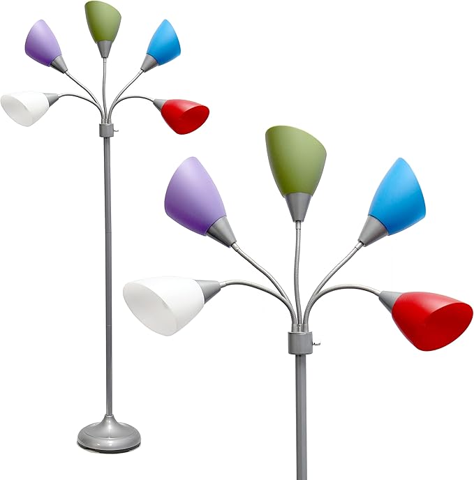 Simple Designs LF2006-SDM 67" Contemporary Multi Head Medusa 5 Light Adjustable Gooseneck Silver Floor Lamp with Primary Dark Multicolored Shades for Kids Bedroom Playroom Living Room Office
