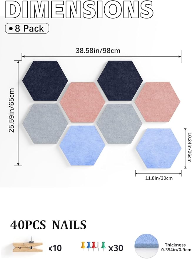 8 Pack Hexagon Felt Bulletin Board Tiles - 11.8" Large Thick Pin Board for Walls with 30 Push Pins, DIY Boards for Office Home School Decor, Aesthetic Hex Cork Board Alternative