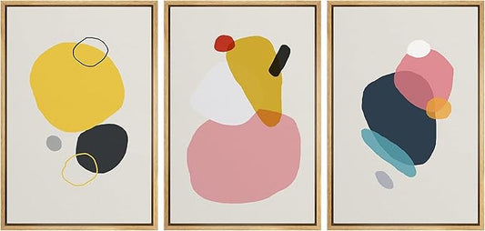 SIGNFORD Framed Wall Art Print Set Yellow, Pink, Black & Blue Transparent Blots Abstract Shapes Art Modern Art Contemporary Colorful for Living Room, Bedroom, Office - 24"x36"x 3 Panels Natural