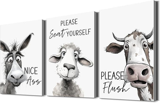 3 Pieces Funny Bathroom Art Funny Wall Art Modern Farmhouse Quote Bathroom Pictures Wall Decor Featuring Horse Sheep Cow Artwork Animal Pictures, with Wooden Frame Easy to Hang (20x28 Inch x3)
