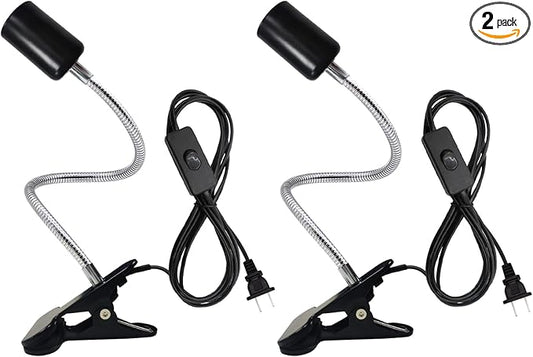 Clip Desk Lamp Socket 2 Pack Flexible Gooseneck Lamp Stand Clip-On with Switch Plugs Clip on Light with Flexible Neck Portable Clip on Light Metal Clip Holder Desk Study Clamp Lamp