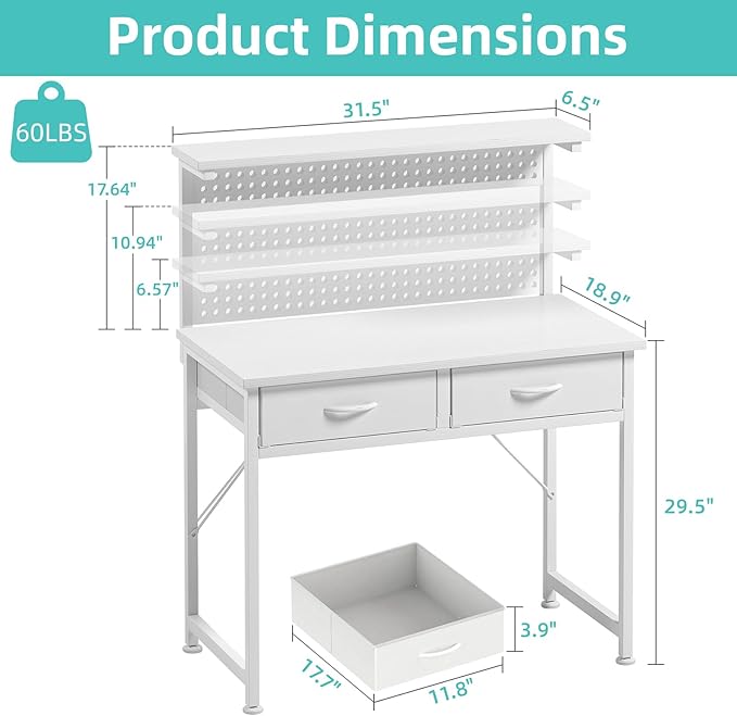 MUTUN Small Desk with Drawers, 31 Inch Computer Desk with Power Outlet & LED Light, Gaming Desk with Adjustable Monitor Stand & Pegboard, Modern PC Study Writing Table for Bedroom, White