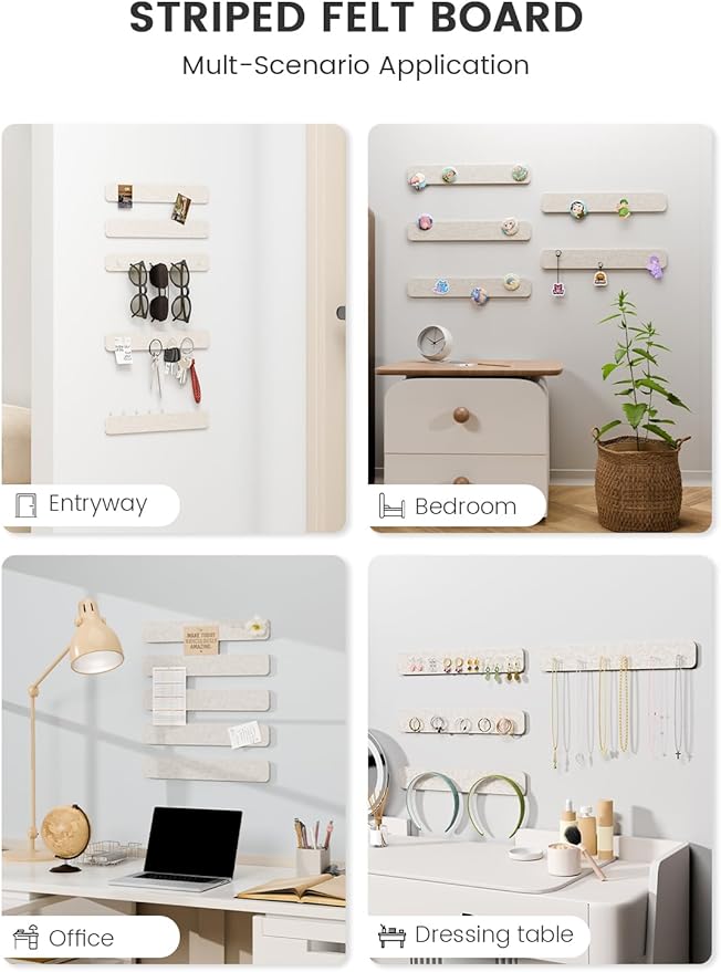Fluxynara Cork Board Alternative Felt Strip Board 5-Pack 13"x2", Office Pin Board with 35 Push Pins, Adhesive Install for Bedroom Door & Home Office(Oatmeal)