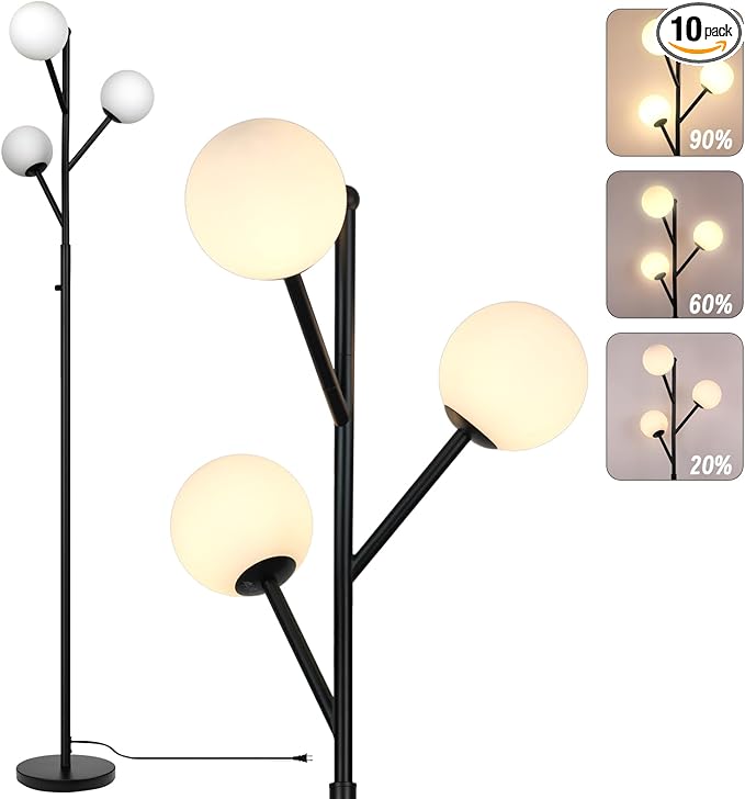 3-Globe Mid Century Black Tree Floor Lamp for Living Room,70in Tall Modern Stepless Dimmable Standing Lamp with Frosted Glass Shade for Office Bedroom, Study Room Bulbs Included(dimmer-Black)