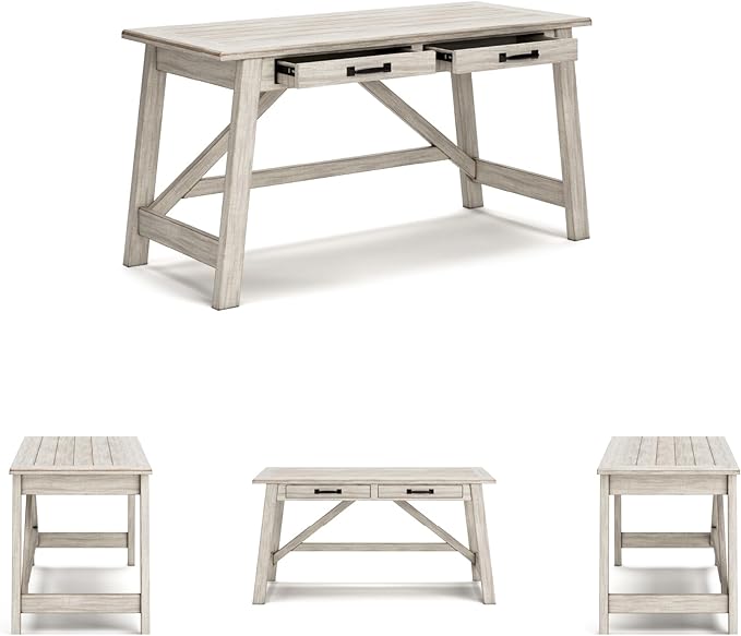 Signature Design by Ashley Carynhurst Farmhouse Large Leg Home Office Desk, 2 Storage Drawers, Vintage Bronze Hardware, Wood, 60.25" Wide, Antique White