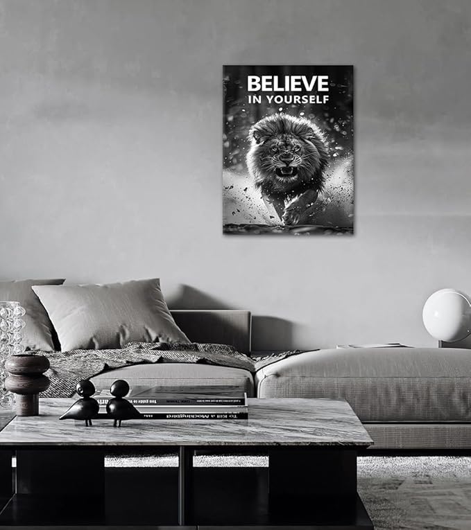 Yatsen Bridge Motivational Lion Canvas Wall Art Black & White Running Lion Poster BELIEVE Yourself Prints Wall Decor for Apartment Modern Home Bedroom Office Decoration Easy to Hand 18x24inch
