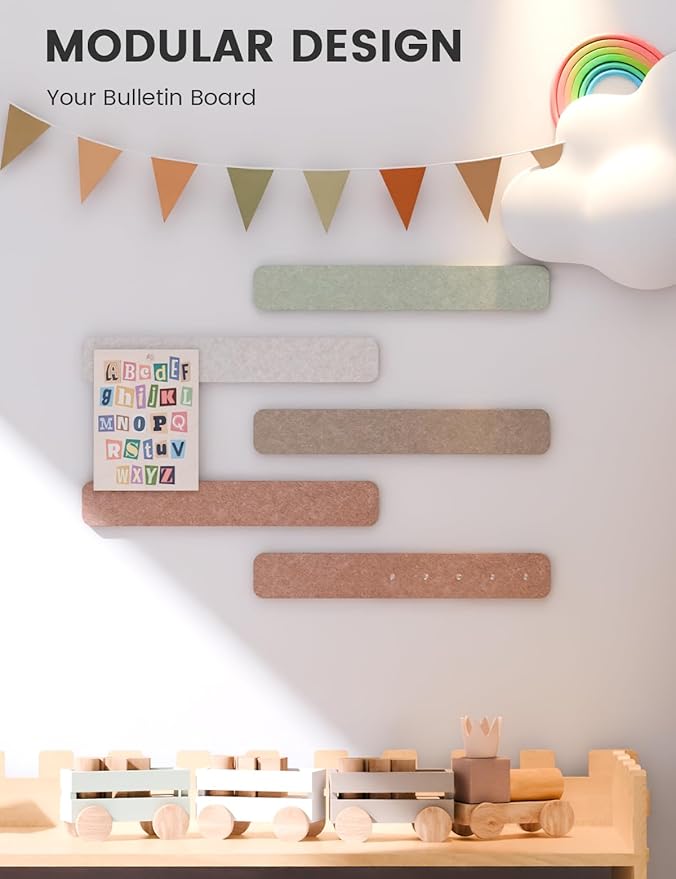 Fluxynara Cork Board Alternative Felt Strip Board 5-Pack 13"x2", Office Pin Board with 35 Push Pins, Adhesive Install for Bedroom Door & Home Office(Boho)