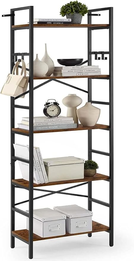 Luckyeestar 5Tier Storageshelves Bookshelf -, Metal Bookcase Shelving Unit- Modern Tall Narrow Bookshelf with 4 S-Hooks, Floor Standing Organizer for Home Office, Bedroom, Living Room Corner