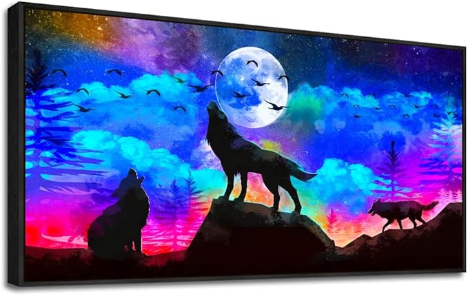Framed Canvas Wolf Landscape Painting Wall Art For Living Room Bathroom Wall Decor For Bedroom Kitchen Artwork Canvas Art Prints Modern Office Home Decorations Blue Starry Sky Hang Pictures