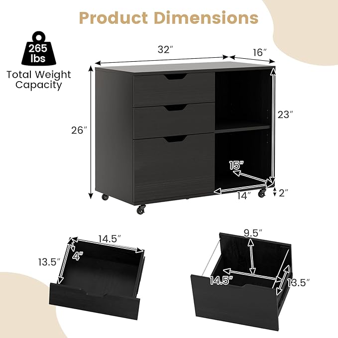 Giantex 3 Drawer File Cabinet, Office Storage Cabinet Fits Files Letter, A4, Legal Size, Rolling Printer Stand with Adjustable Shelf, Office Organization and Storage, Lateral Filing Cabinet (Black)