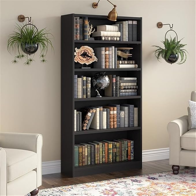 Bush Home Universal Tall 5 Shelf Bookcase in Black, Vertical Storage and Display Bookshelf for Home Office or Living Room Organization