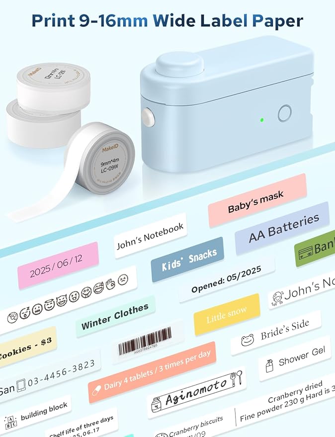 Makeid L1-C Smart Label Maker Machine with Tape – Mini Bluetooth Label Maker, Portable & Rechargeable, Compatible with 9/12/16mm Waterproof Tapes – for Home, Office, School Organization